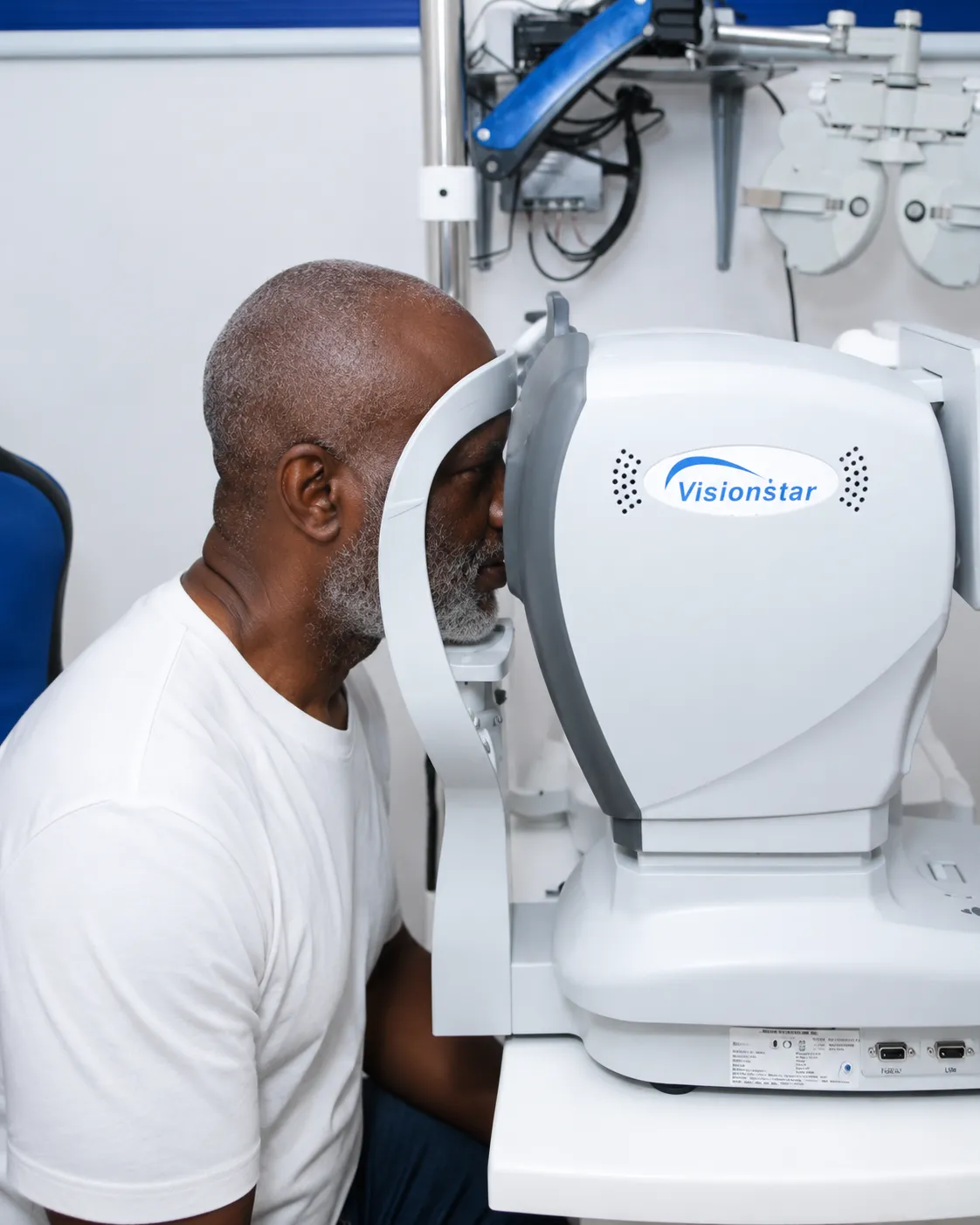 An older man undergoes a comprehensive eye examination at IrisCare Eye Clinic, seated at an automated eye testing machine with his chin and forehead positioned on the supports. The image focuses on the patient and the ophthalmic diagnostic equipment in a bright, clean examination room, with additional eye care instruments and blue window blinds visible in the background.