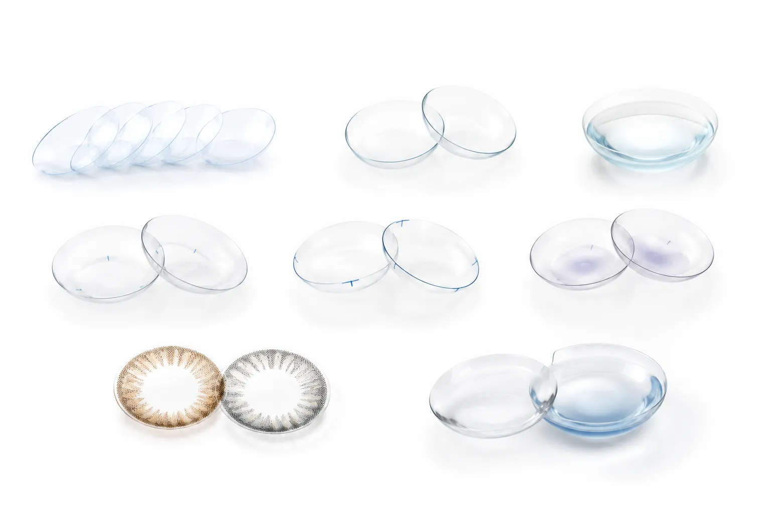 Studio image of various contact lenses on a white background, including daily disposable, bi-weekly, monthly, toric, multifocal, coloured cosmetic, extended wear, and specialist contact lenses available at IrisCare Eye Clinic.
