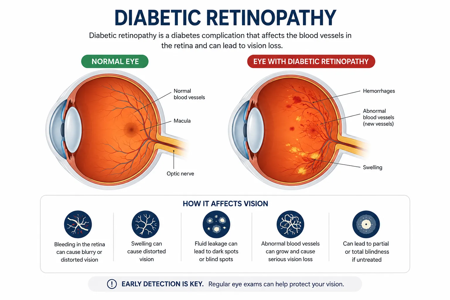 Medical illustration comparing a healthy retina with one affected by diabetic retinopathy, highlighting damaged retinal blood vessels, bleeding, swelling, and vision changes to explain the importance of early diabetic eye screening at IrisCare Eye Clinic.