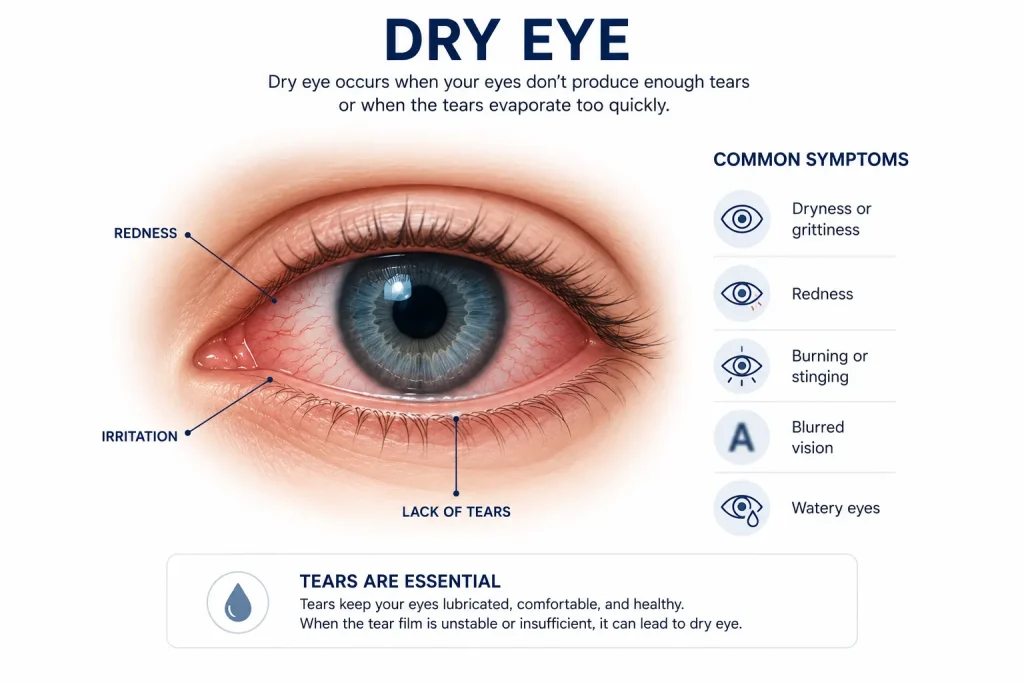Medical illustration of a dry eye showing redness, irritation, reduced tear production, and common dry eye symptoms, highlighting the importance of diagnosis and treatment at IrisCare Eye Clinic.