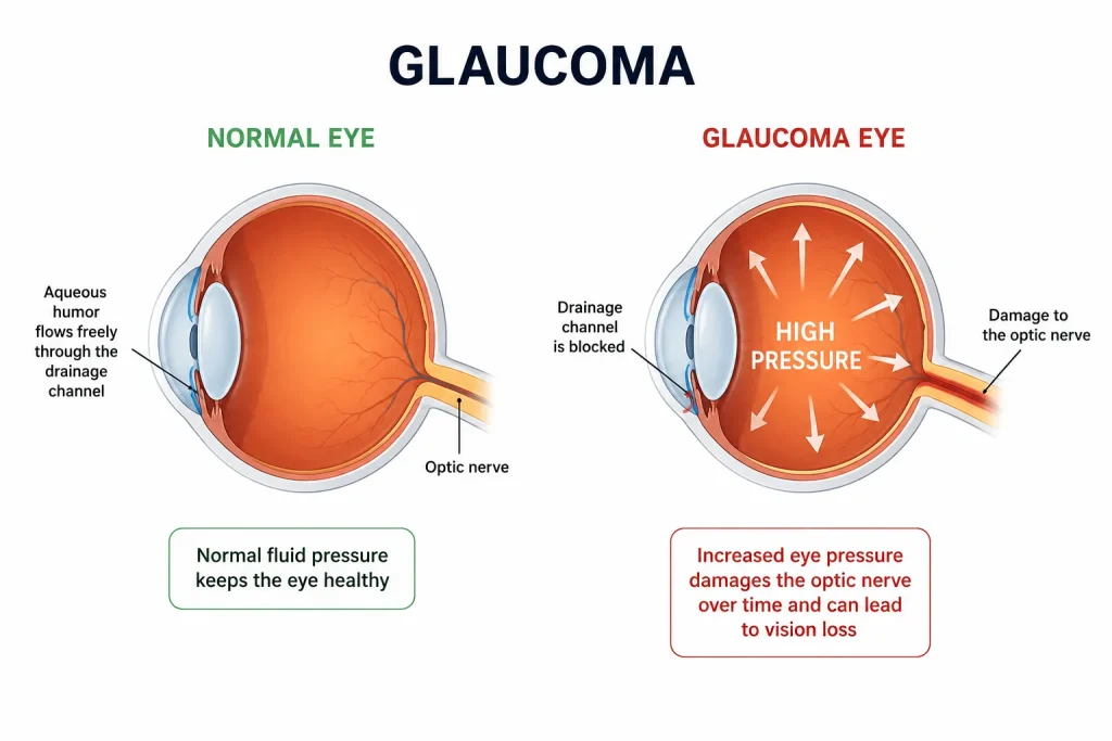 Simple medical diagram illustrating glaucoma, showing increased eye pressure damaging the optic nerve compared with a healthy eye, used to explain the importance of glaucoma screening at IrisCare Eye Clinic.