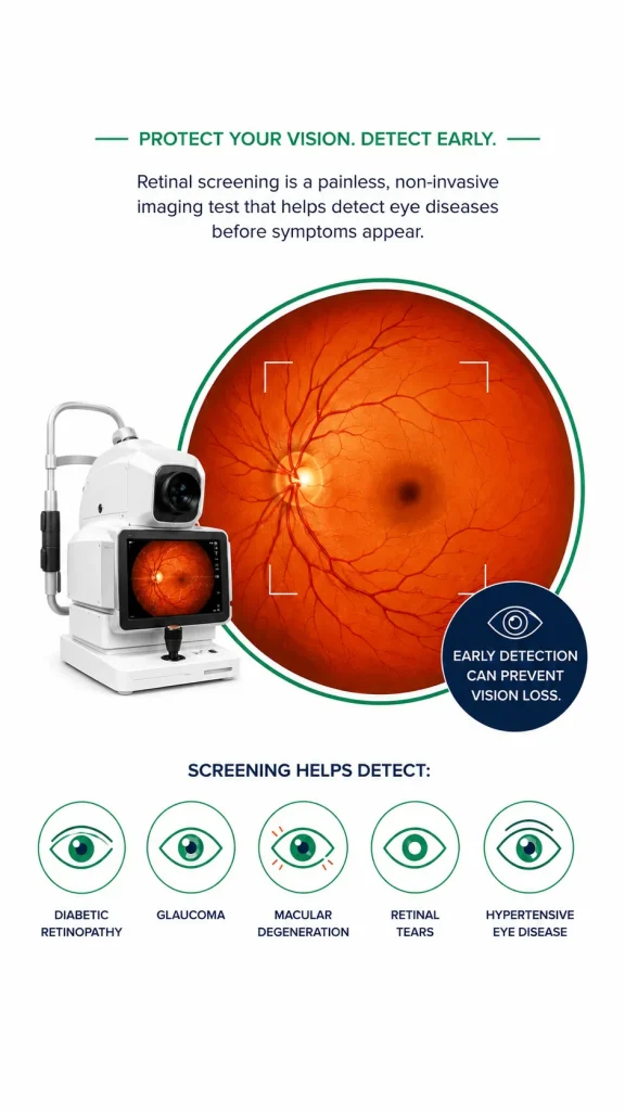 Retinal screening illustration showing a retinal imaging camera capturing a detailed image of the retina, highlighting how early screening helps detect diabetic retinopathy, glaucoma, macular degeneration, retinal tears, and hypertensive eye disease at IrisCare Eye Clinic.