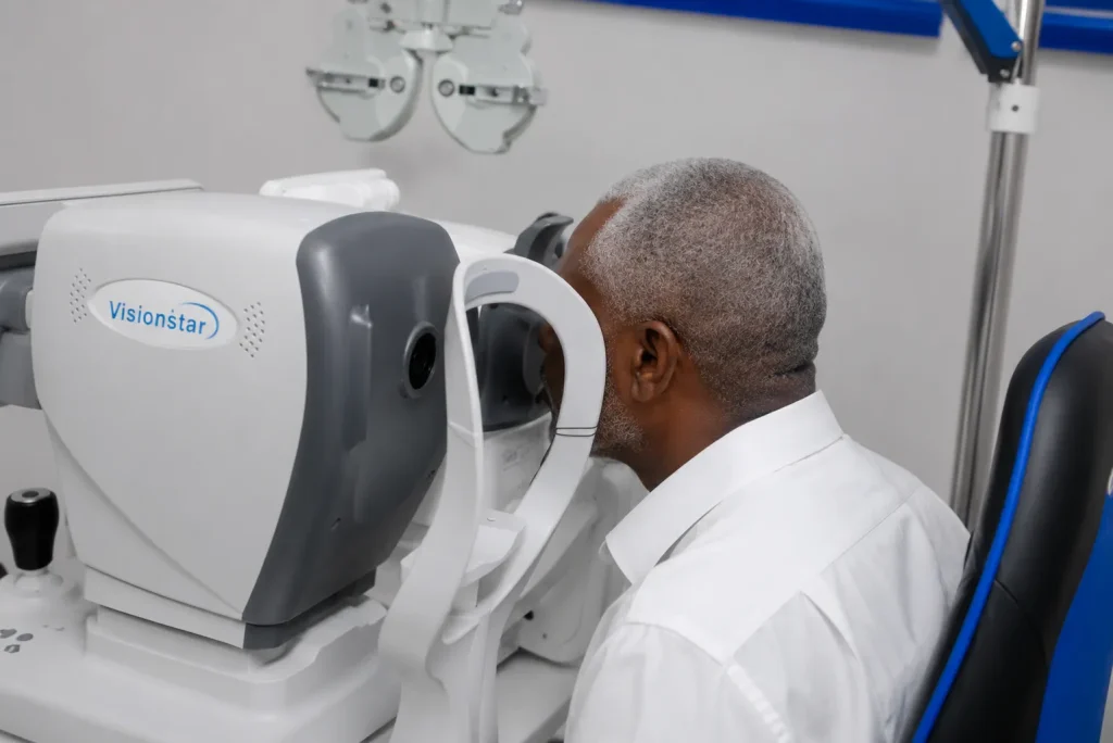 Elderly man with grey hair undergoing a comprehensive eye examination at IrisCare Eye Clinic, with his face positioned inside an auto refractor as the diagnostic machine measures his vision and prescription in a modern eye care setting.