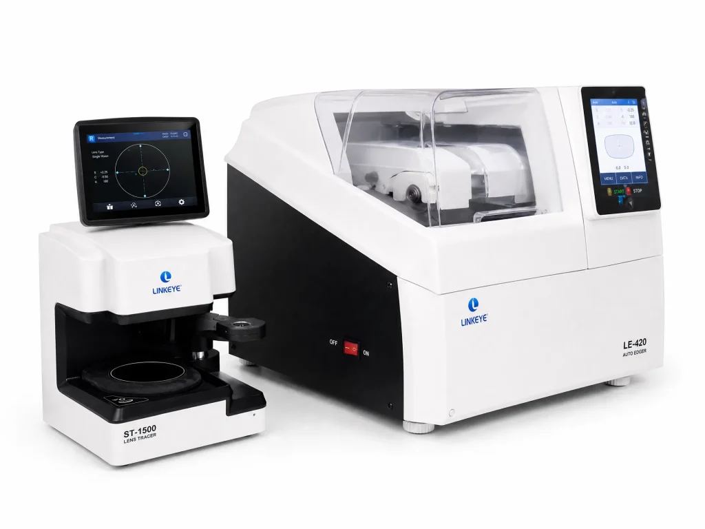 Auto edger machine at Iris Care Eye Clinic used to precisely cut and shape prescription lenses for a perfect fit into eyeglass frames, ensuring accurate, high-quality eyewear fabrication.