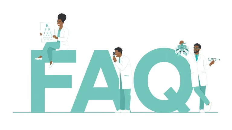 FAQ section graphic for senior eye care screenings and age-related vision health at IrisCare Eye Clinic.