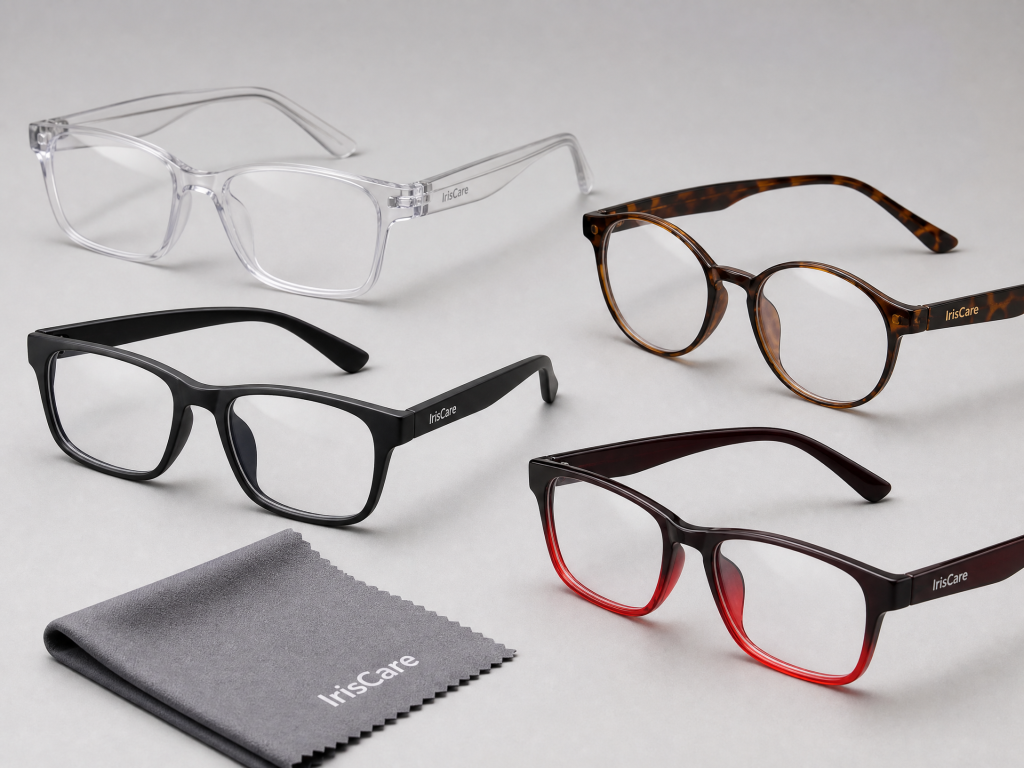 Branded IrisCare Eye Clinic eyeglasses displayed alongside a matching Iris Care microfibre cleaning cloth, illustrating proper eyewear care and maintenance to help keep lenses clean, clear, and scratch-free.