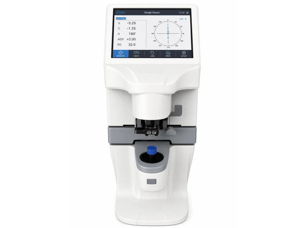 Digital lensometer at Iris Care Eye Clinic measuring the prescription, optical centre, and alignment of eyeglass lenses to ensure accurate vision correction and quality eyewear dispensing.